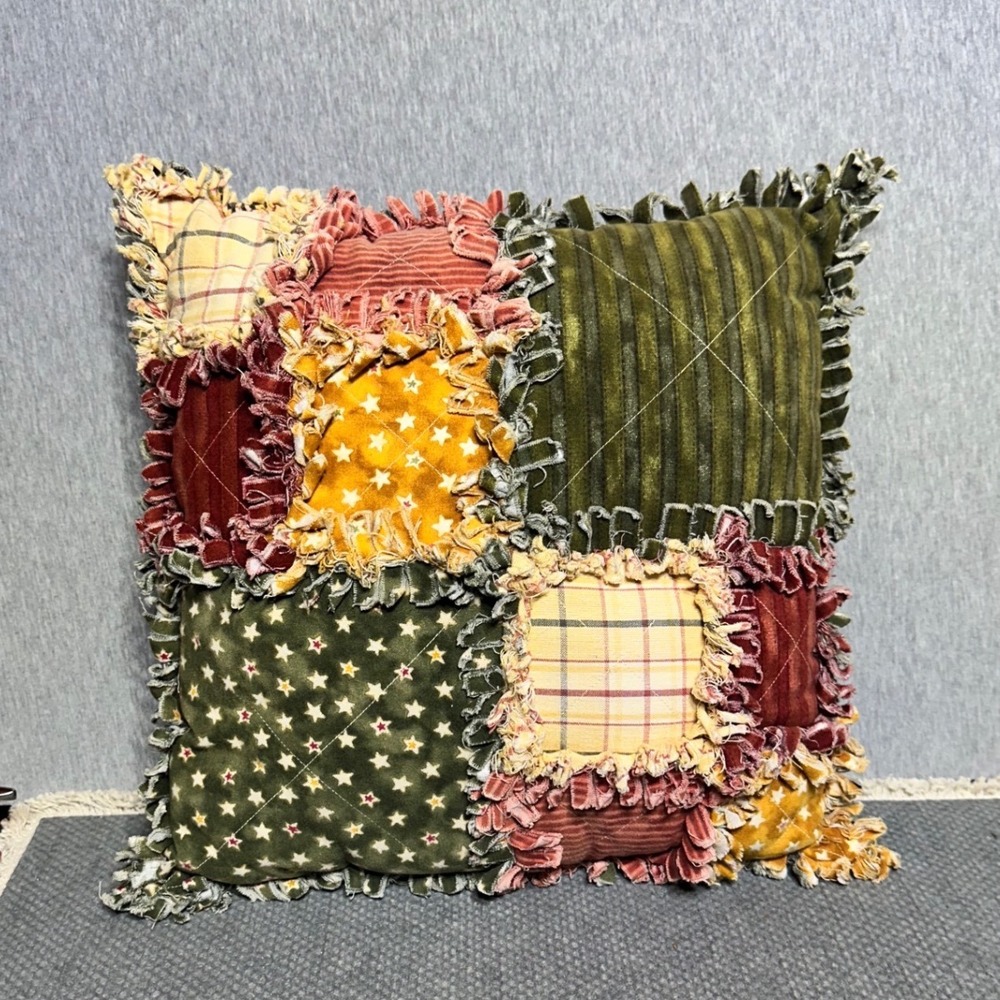 Handmade Patchwork Rag Quilt Throw Pillow Rustic Country Farmhou13x13se